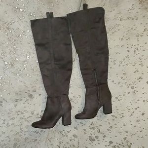 Gray thigh high boots